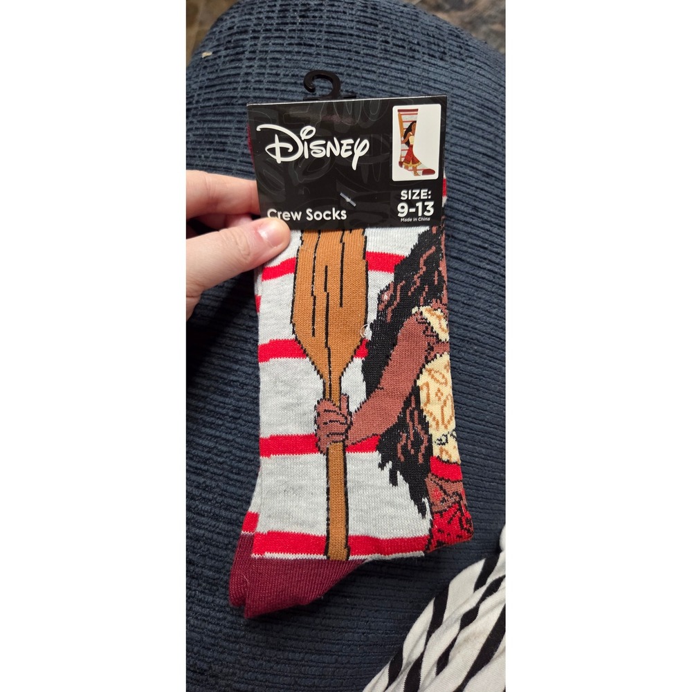 Disney Moana Crew Socks Red White Striped Graphic Size 9-13 New